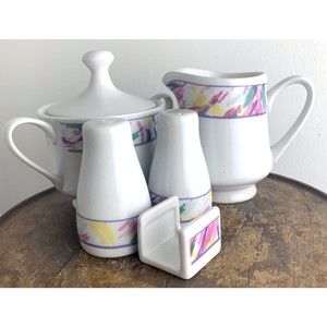 McCrory Stores 1994~6 Pc Condiment Set~Sugar Creamer Salt Pepper Packet Holder